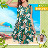 Custom Face Flowers Green Summer Sleeveless Expansion Dress for Women