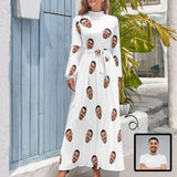 Custom Face White Background Women's Long Sleeve Maxi Dress