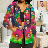 Custom Face Full Zip Hoodie Colorful Women's All Over Print Zipper Hoodie with Husband Face