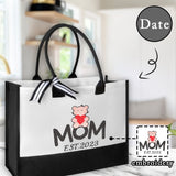 Custom Date Bears Mom Canvas Shoulder Tote Bag Embroidery Personalized Environmental Protection Handbag Mom Tote Bag Mommy Bag Mom Gift