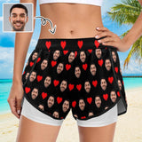 Custom Face Red Heart Black Background Women's 2 in 1 Surfing & Beach Shorts Female Gym Fitness Shorts