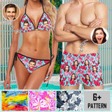 #Couple Matching Swimwear Custom Face Various Flower Pattern String Halter Low Waisted Triangle Two Piece Bikini Set Personalized Men's Stretch Quick Dry Swim Boxer Briefs
