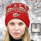 Custom Face Snowflake Christmas Hat Red Unisex All Over Printed Knitted Hat