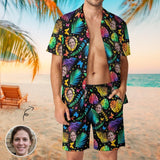 Custom Face Colorful Leaves Shirt Hawaiian Sets Personalized Pocket Hawaiian Shirt & Beach Shorts Casual Beach Outfit Suit