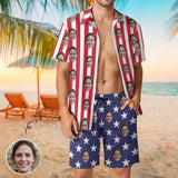 Custom Face Red Strip Blue Star Hawaiian Sets Personalized Pocket Hawaiian Shirt & Beach Shorts Casual Beach Outfit Suit
