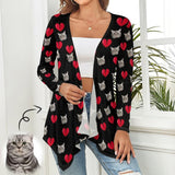 Custom Face Cat Love Heart Women's Knitted Cardigan Long Sleeve Open Front Cover Ups Tops Gift for Her