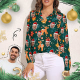 Custom Women's Face Shirt All Over Print Elk Santa Claus Green Christmas Hawaiian Shirt Vntage Casual Long Sleeve Hawaiian Shirts for Women