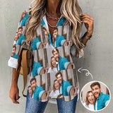 Custom Women's Shirt with Photo Couple Women's Cropped Hem Shirt Casual Long Sleeve Hawaiian Shirts
