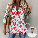 Custom Face Hawaiian Shirts Love Heart White Cropped Hem Casual Long Sleeve Shirts For Women