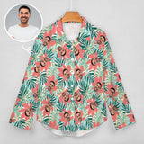 Personalized Face Hawaiian Shirt for Women Custom Flower Leaf Women's Cropped Hem Shirt Casual Long Sleeve Hawaiian Shirts