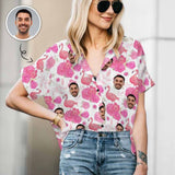 Custom Face Pink Pattern Women's Hawaiian Shirts All Over Print V Neck Short Sleeve Shirt Gift for Girlfriend Wife