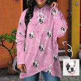 Custom Pet Face Women's Mid-length Hoodies Pink Personalized Loose Cross Hem Hooded Pullover Design Your Own Hoodie
