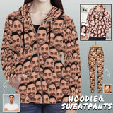 Custom Seamless Face Women's & Men's All Over Print Full Zip Hoodie Personalized Casual Sweatpants
