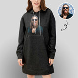 Custom Photo Hoodies Dress Black Hoodie with Design Women's Long Sleeve Loose Hooded Pullover Dress with Pocket