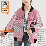 Custom Face&Name Heart Lattice Pink Girl's All Over Print Bomber Jacket