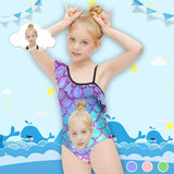 Custom Face Mermaid Kids Floundered One-Piece Swimsuit For Girls All Over Print Beach Swimwear Bathing Suit For Kids 6-12 Years