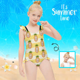 Custom Face Yellow Pineapple Girls' Swimsuit One Piece Swimwear For Kids 6-12years