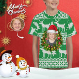 #6-15Y Custom Face Christmas Hat White Fawn Green Background Kid's All Over Print T-shirt