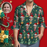 Custom Face Christmas Red Hat Cactus Hawaiian Shirts Men's Long Sleeve Shirt Personalized Face Shirt Gift for Him