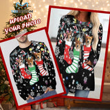 Custom Pet Dog Faces Full Print Long Sleeve T-Shirt with Christmas Socks Snowflake Create Your Own Personalized Couple All Over Print T-shirt