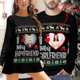 Custom Photo Couple Full Print Long Sleeve T-Shirt with Heart Christmas Tree Elk Create Your Own Personalized All Over Print T-shirt