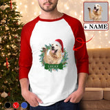 Custom Dog Face Christmas Hat Three Quarter Sleeve T-Shirt Multiple Colors Men's Casual Basic Soft Sports Raglan Baseball Tee Shirts For Christmas