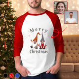Custom Face Christmas Gnome Three Quarter Sleeve T-Shirt Multiple Colors Men's Casual Basic Soft Sports Raglan Baseball Tee Shirts For Christmas