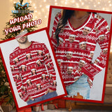 Custom Face Full Print Long Sleeve T-Shirt with Christmas Stripes Red Create Your Own Personalized Couple All Over Print T-shirt