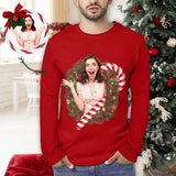 Custom Face Men's Full Print Long Sleeve T-Shirt with Red Christmas Cane Create Your Own Personalized All Over Print T-shirt For Christmas