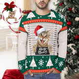 Custom Pet Cat Face Men's Full Print Long Sleeve T-Shirt with Red Christmas Hat Create Your Own Personalized All Over Print T-shirt For Christmas
