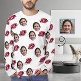 Custom Face Men's Full Print Long Sleeve T-Shirt with Red Lips Kisses Create Your Own Personalized All Over Print T-shirt