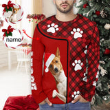 Custom Photo&Name Men's Full Print Long Sleeve T-Shirt with Pet Paw Print Red Lattice Create Your Own Personalized All Over Print T-shirt