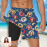 Custom Face Animal Swimming Ring Coconut Tree Men's Quick Dry 2 in 1 Surfing & Beach Shorts Male Gym Fitness Shorts