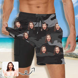Custom Face Black Camouflage Men's Quick Dry 2 in 1 Surfing & Beach Shorts Male Gym Fitness Shorts