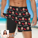 Custom Face Red Heart I Love You Men's Quick Dry 2 in 1 Surfing & Beach Shorts Male Gym Fitness Shorts