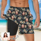 Custom Face Tropical Plants Men's Quick Dry 2 in 1 Surfing & Beach Shorts Male Gym Fitness Shorts