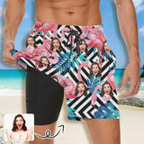 Personalized Face Pink Flamingo Men's Quick Dry 2 in 1 Surfing & Beach Shorts Male Gym Fitness Shorts
