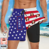 Custom Face&Name US Flag Star Men's Quick Dry 2 in 1 Surfing & Beach Shorts Male Gym Fitness Shorts