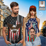 Custom Face&Name American Flag Matching Couple Tops Personalized American Eagle Men's All Over Print T-shirt Design Colorful Flag Summer Halterneck Strapless Print Vest Shirts