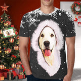 Custom Photo Shirts Black Background White Snowflake Furry Hat Christmas Men's All Over Print T-shirt for Him