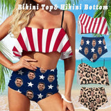 #Bikini Top&Bikini Bottom-Custom Face Stripe Star Flag Ruffle Bikini Personalized Bikini Top And Bikini Bottom Fits All Body Types