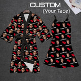 2 Pcs Face Print Pajamas-Custom Face Red Heart I Love You Sleepwear Personalized Women's Bath Robe &Women's Nightgown