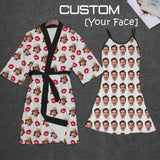 2 Pcs Face Print Pajamas-Custom Face Red Lips Sleepwear Personalized Women's Bath Robe &Women's Nightgown