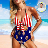 #Independence Day-Custom Face Flag Swimsuit Personalized Women's Backless Bow One Piece Bathing Suit Celebrate Holiday