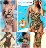 Personalized Leopard Swimsuits Custom Funny Face One Piece Swimsuits Photo Women's  Bathing Swimsuits Gift For Her
