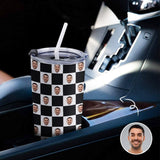 Custom Face Checkered Black&White Travel Tumbler 20OZ Stainless Steel Coffee Mug with Splash Proof Lid Personalized Photo Tumbler Insulated Thermal Cup Gift