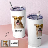 Custom Face & Name Pet Dog White Background Travel Tumbler 20OZ Coffee Cup Stainless Steel Tumbler With Straw Vacuum Insulated Double Wall Travel Coffee Mug Personalized Gifts