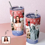 Custom Face Statue of Liberty Travel Tumbler 20OZ Coffee Cup Stainless Steel Tumbler With Straw Vacuum Insulated Double Wall Travel Coffee Mug Personalized Gifts