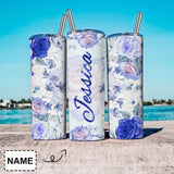 Custom Name Blue Flower Travel Tumbler 20OZ Straight Sulimation Tumblers Mug With Personalized Face Stainless Steel Travel Tumbler
