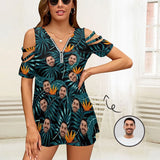 Custom Face Green Leaves Short Sleeve Zip Off Shoulder Top Add Your Favorite Photo Design Casual Top